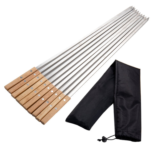 IMEEA 23.6Inch / 60CM Kabob Skewers Flat Metal BBQ Barbecue Skewer with Wooden Handle Stainless Steel Kabob Skewers for Grilling, Set of 10 with Bag - IMEEABBQ skewers