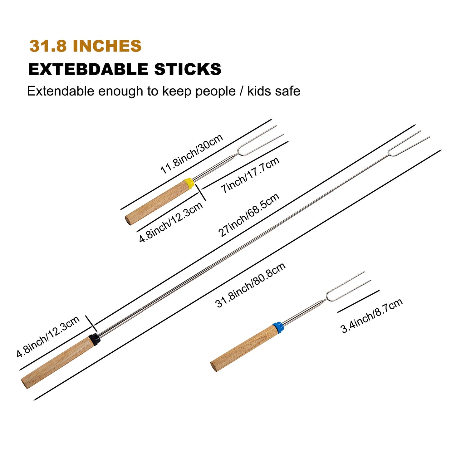 IMEEA 32inch / 81CM Extendable Stainless Steel Marshmallow Roasting Sticks Hot Dog Roasting Sticks for Campfire - Set of 8 - IMEEABBQ skewers