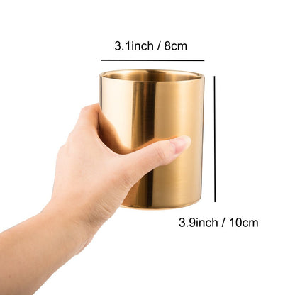 IMEEA Gold Pencil Cup Holder Double Walled Stainless Steel Desk Pen Holder Makeup Brush Holders for Vanity, Set of 2 (Gold) - IMEEApencil holder