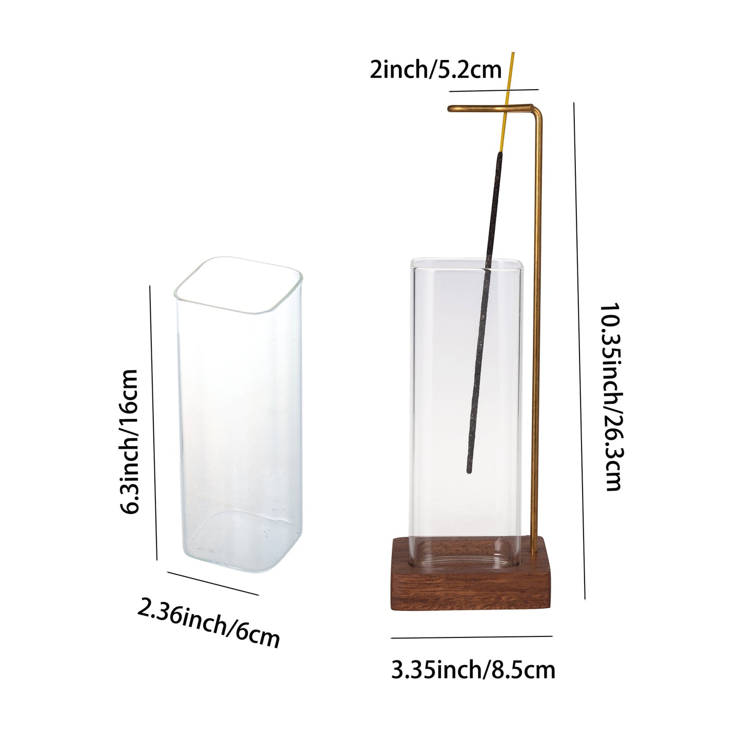 IMEEA Incense Holder for Sticks Wooden Incense Burner with Glass Ash Catcher & Brass Incense Stick Holder for Home Decor Yoga Spa Meditation (Square) - IMEEA