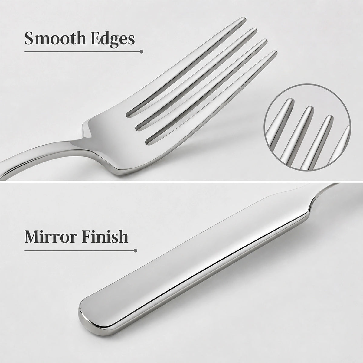 Stainless steel dinner fork with smooth edges and mirror finish