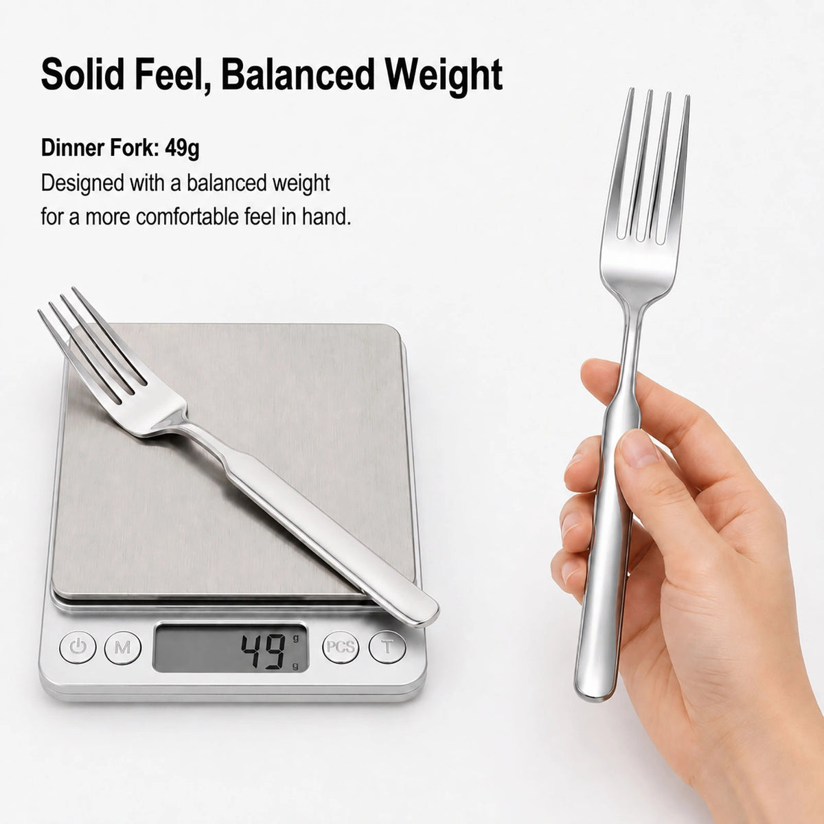 49 g stainless steel dinner fork with balanced weight and comfortable grip