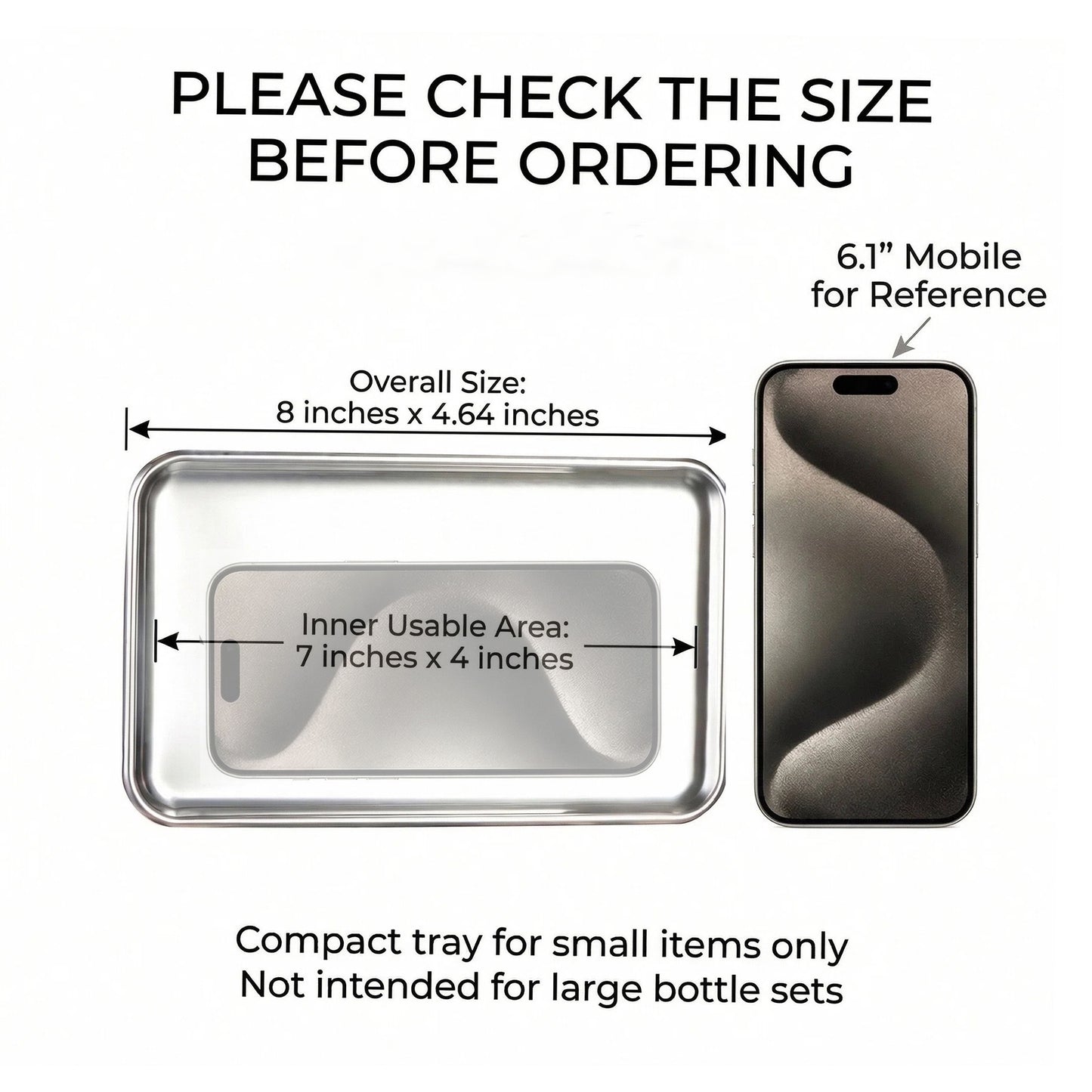 IMEEA Small Vanity Tray, Stainless Steel Jewelry & Perfume Tray, Compact Bathroom Countertop Organizer, 8 x 4.64 Inch