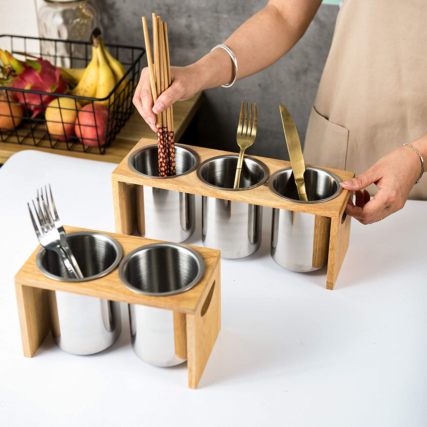 Silverware Caddy Flatware Holder Stainless Steel Utensil Caddy Organizer with Wood Base for Countertop Parties Kitchen