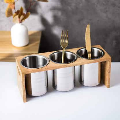 Silverware Caddy Flatware Holder Stainless Steel Utensil Caddy Organizer with Wood Base for Countertop Parties Kitchen