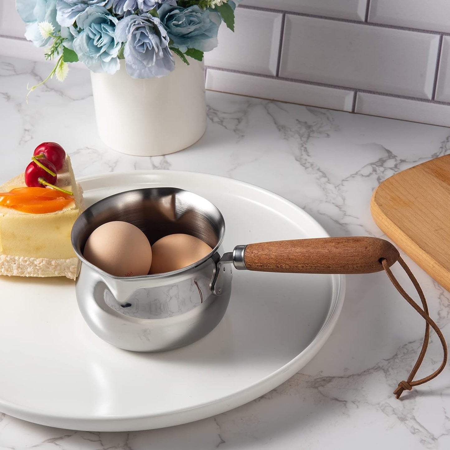 Mini Milk Warmer Pot 8.5Oz/250Ml Butter Warmer 18/10 Tri-Ply Stainless Steel Small Milk Saucepan with Wood Handle