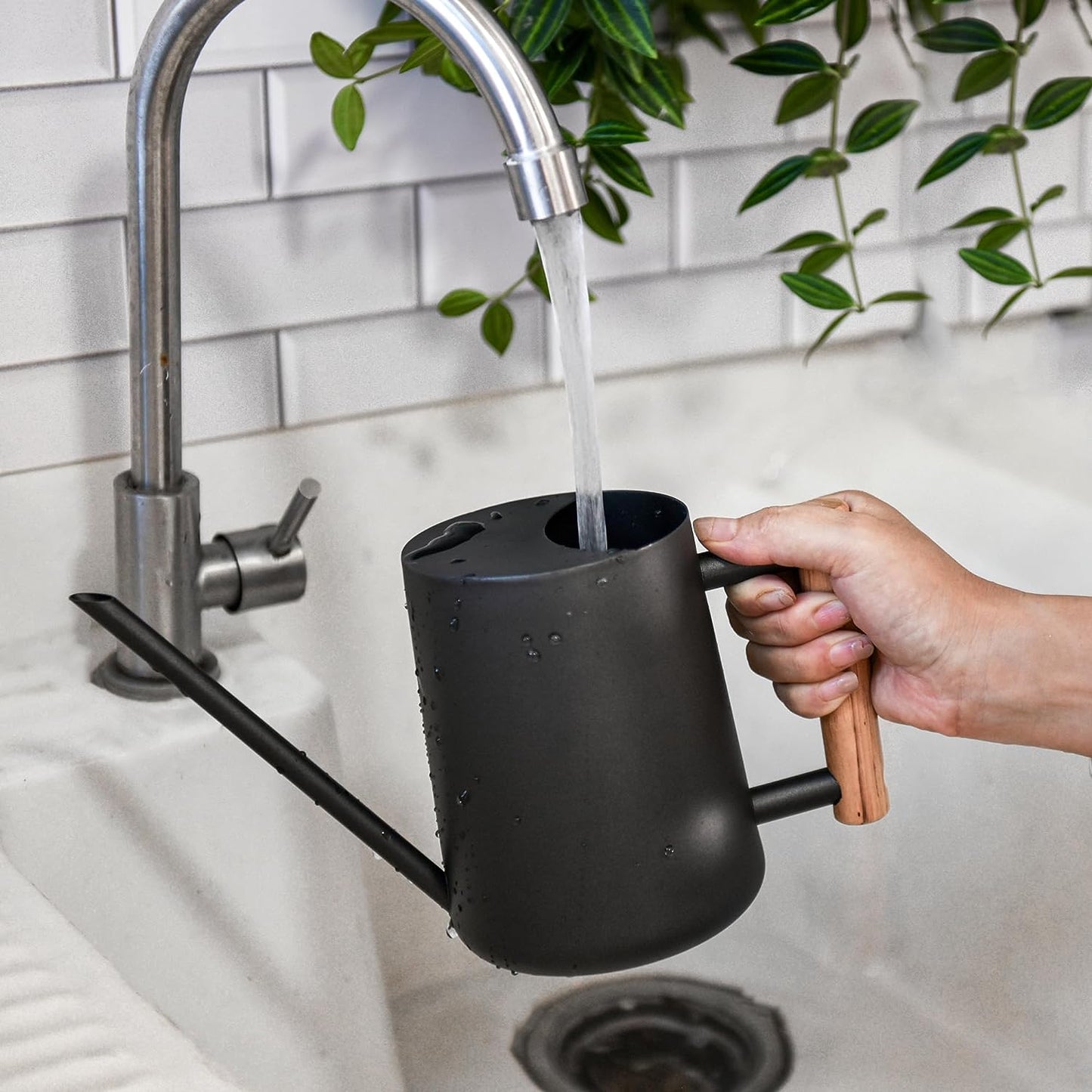 Watering Can for Indoor Plants Stainless Steel Modern Watering Can with Long Spout and Wooden Handle, 35Oz