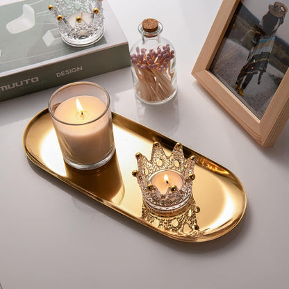 IMEEA Gold Vanity Tray holding candles with an elegant stainless steel design for home decor