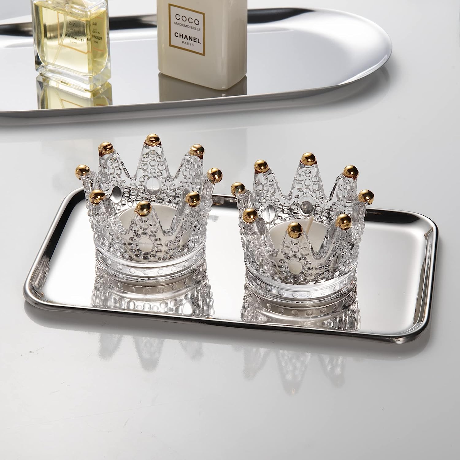 Rectangle Stainless Steel Display Tray featuring decorative candles for tabletop styling