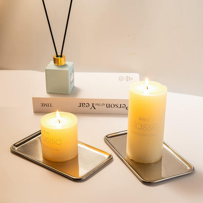 Mirror Polished Stainless Steel Tray displaying burning candles as a home decor accent on a tabletop