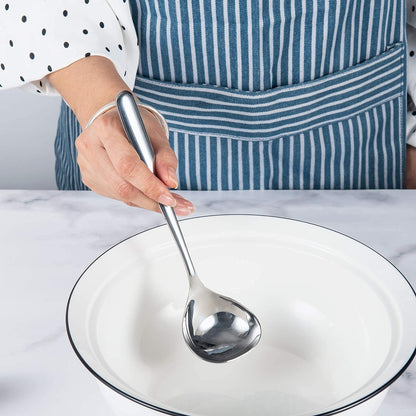 IMEEA SUS304 Stainless Steel Gravy Ladle held by hand inside an empty bowl