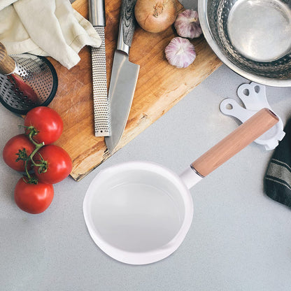 IMEEA enamel saucepan displayed on a kitchen counter with a wooden handle and dual pour spouts