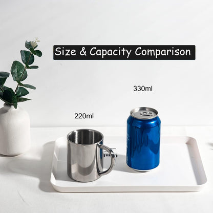Compact 7.5oz Stainless Steel Double Wall Coffee Mug Shown Next to a Can 