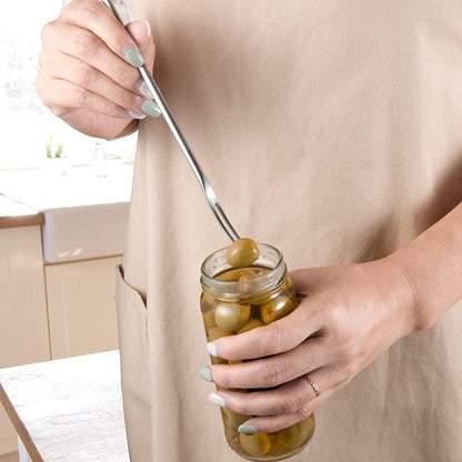 SUS304 Stainless Steel Pickle Forks with Long Handle lifting olives from a jar