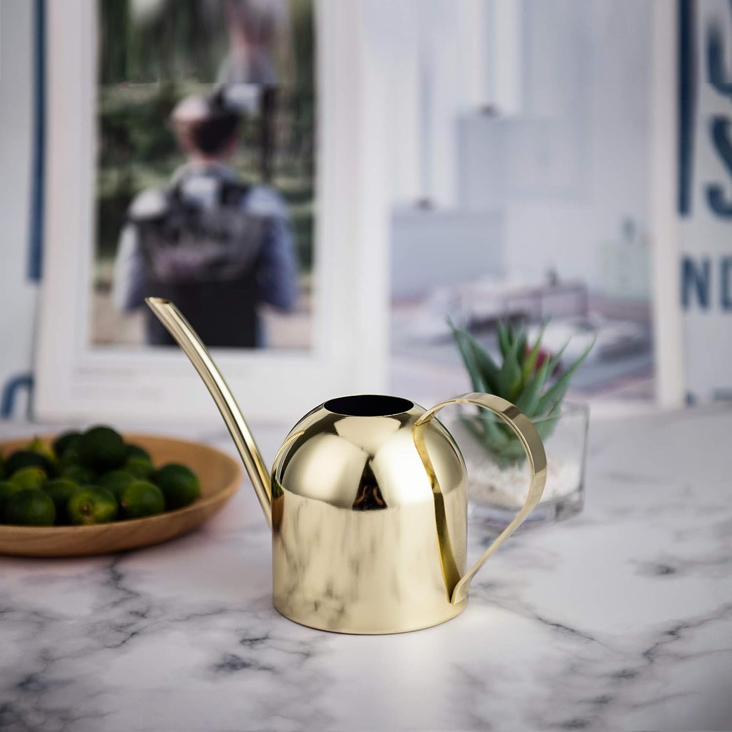 IMEEA Gold Stainless Steel Plant Watering Can displayed on an indoor countertop to complement everyday home decor