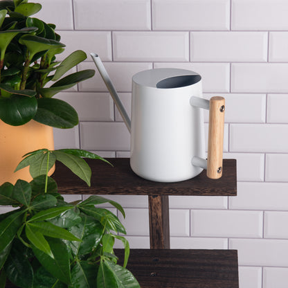 White Stainless Steel Watering Can placed on a wooden plant stand