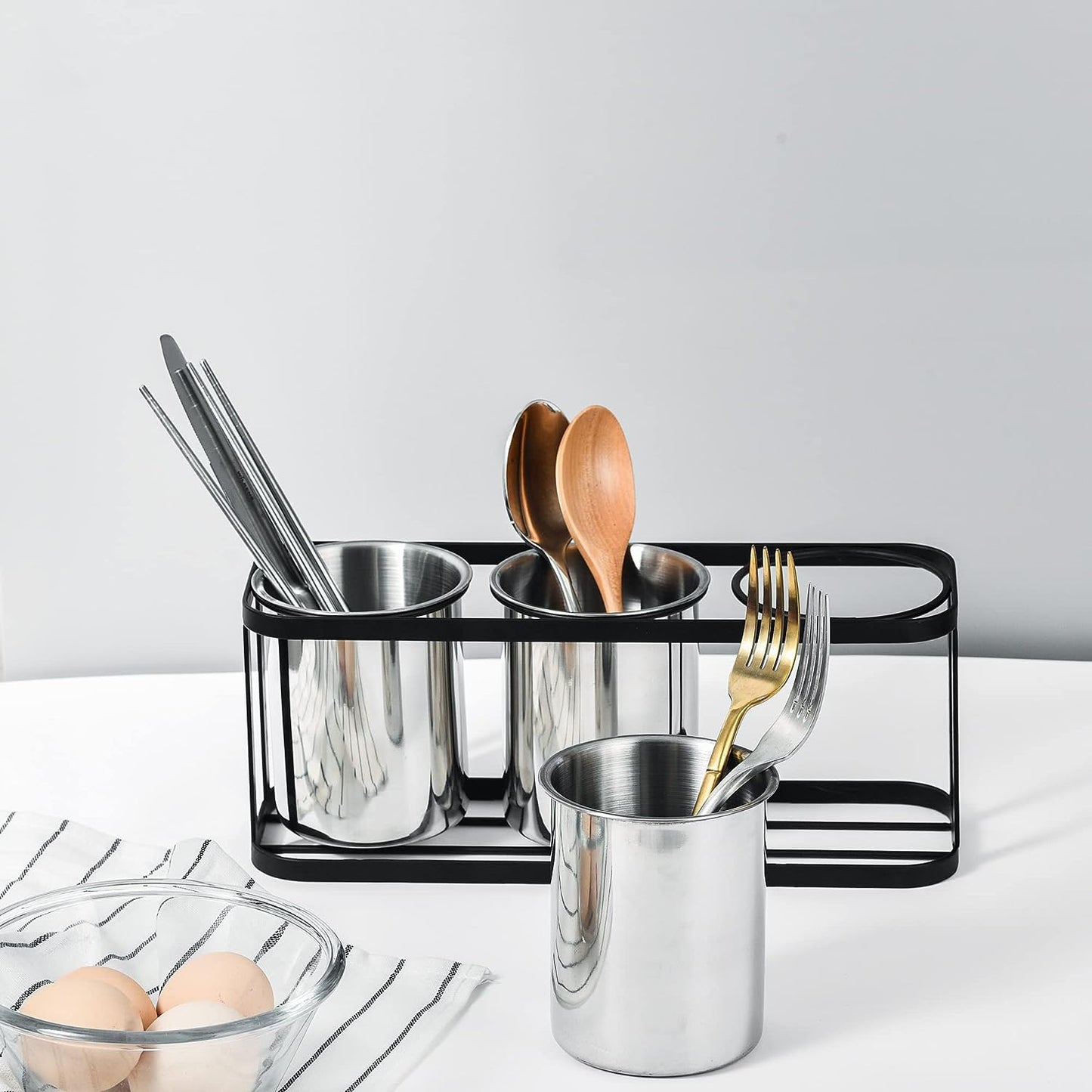 IMEEA Stainless Steel Silverware Caddy with removable stainless steel cups for flexible countertop organization