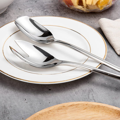 Elegant IMEEA Salad Servers 18/10 Stainless Steel spoon and fork set displayed on a plate