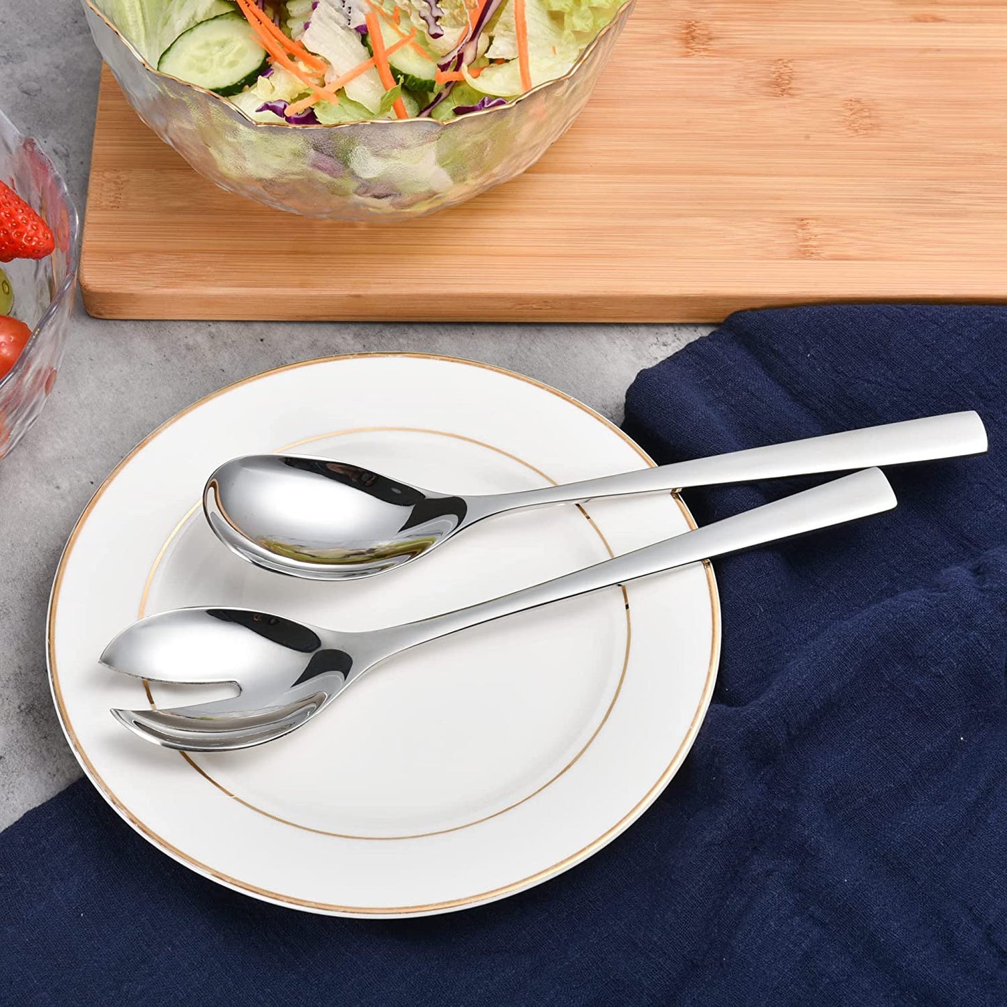 18/8 Stainless Steel Salad Servers placed on a dining plate for everyday meals