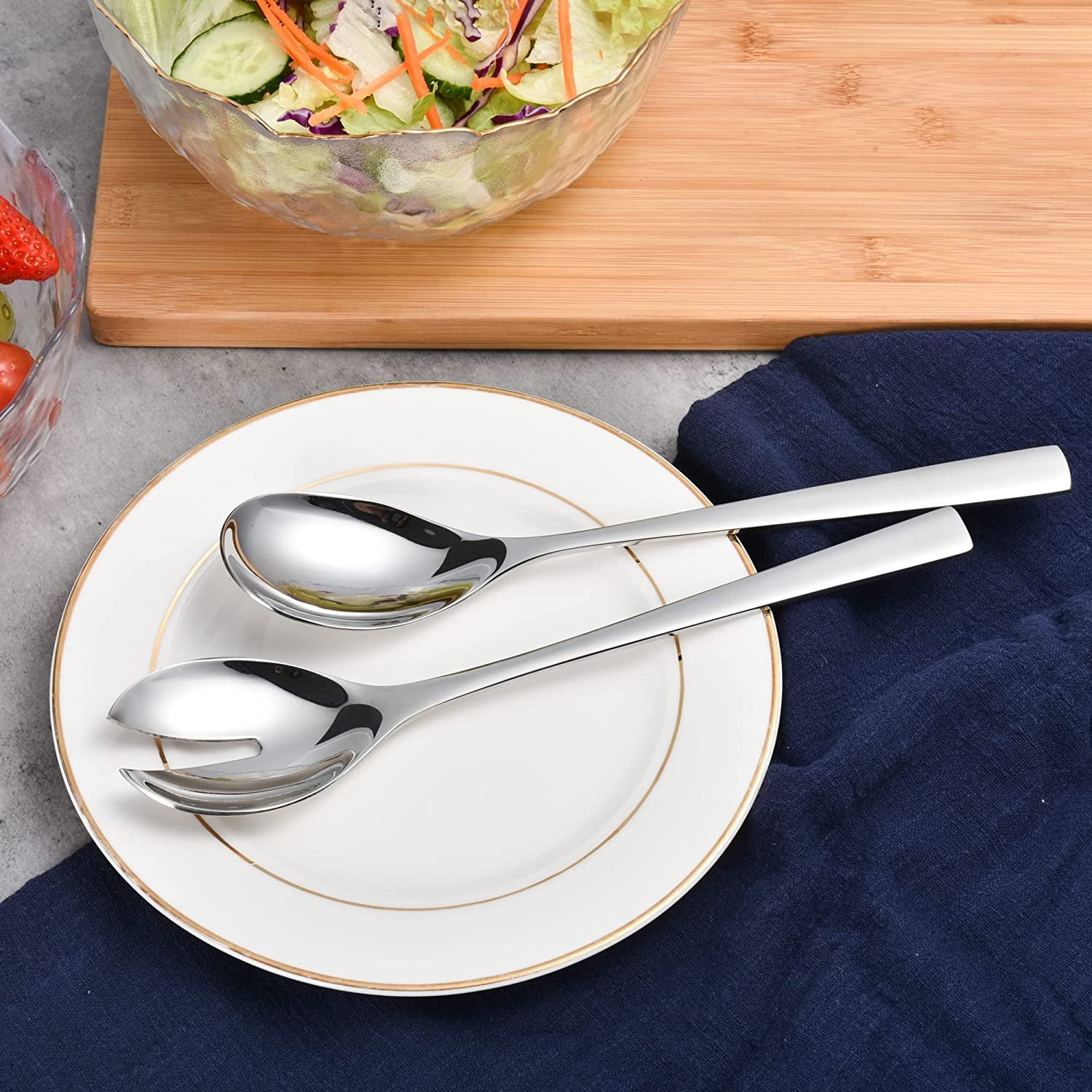 18/8 Stainless Steel Salad Servers placed on a dining plate for everyday meals