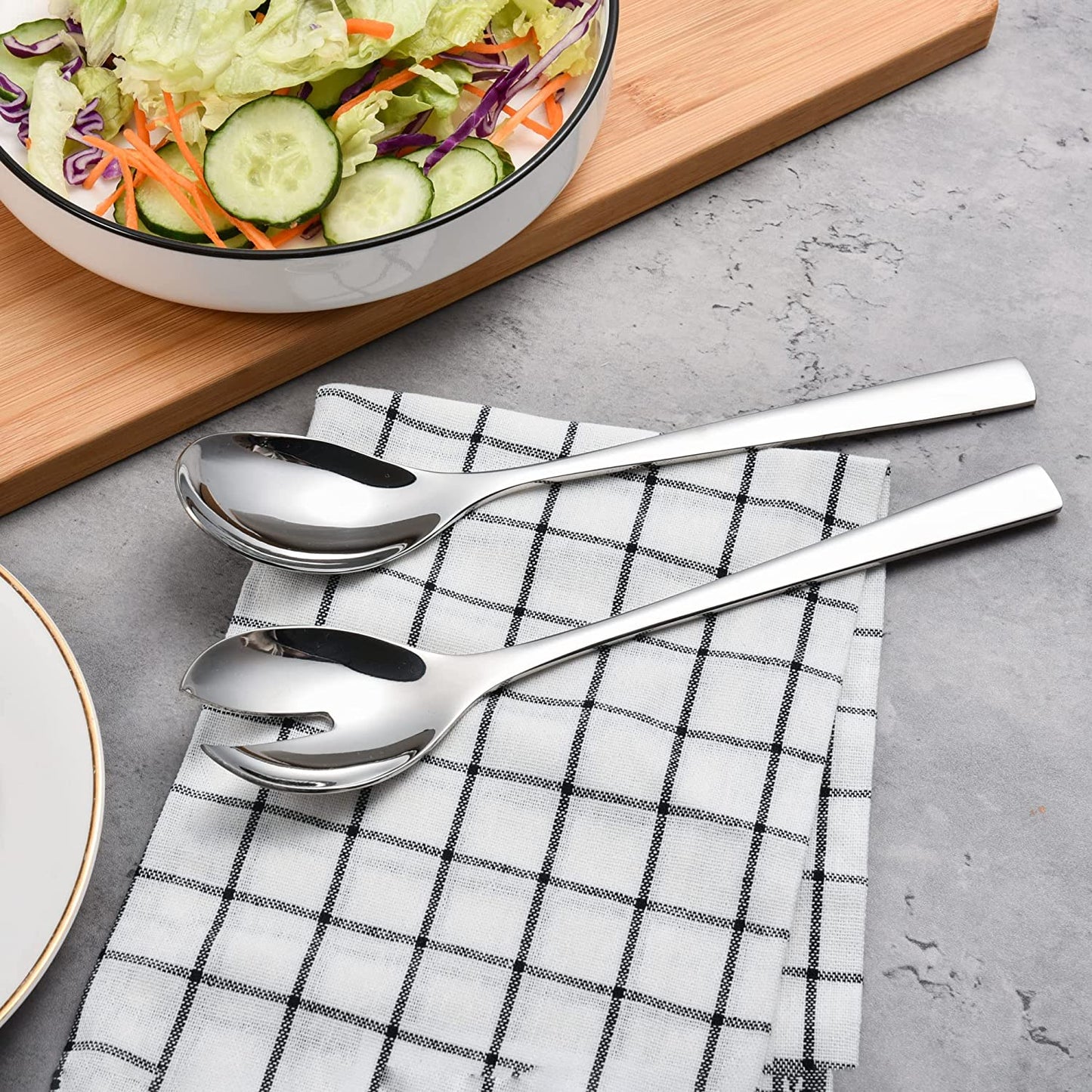 IMEEA Elegant Stainless Steel Salad Servers displayed on a dining table