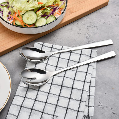 IMEEA Elegant Stainless Steel Salad Servers displayed on a dining table