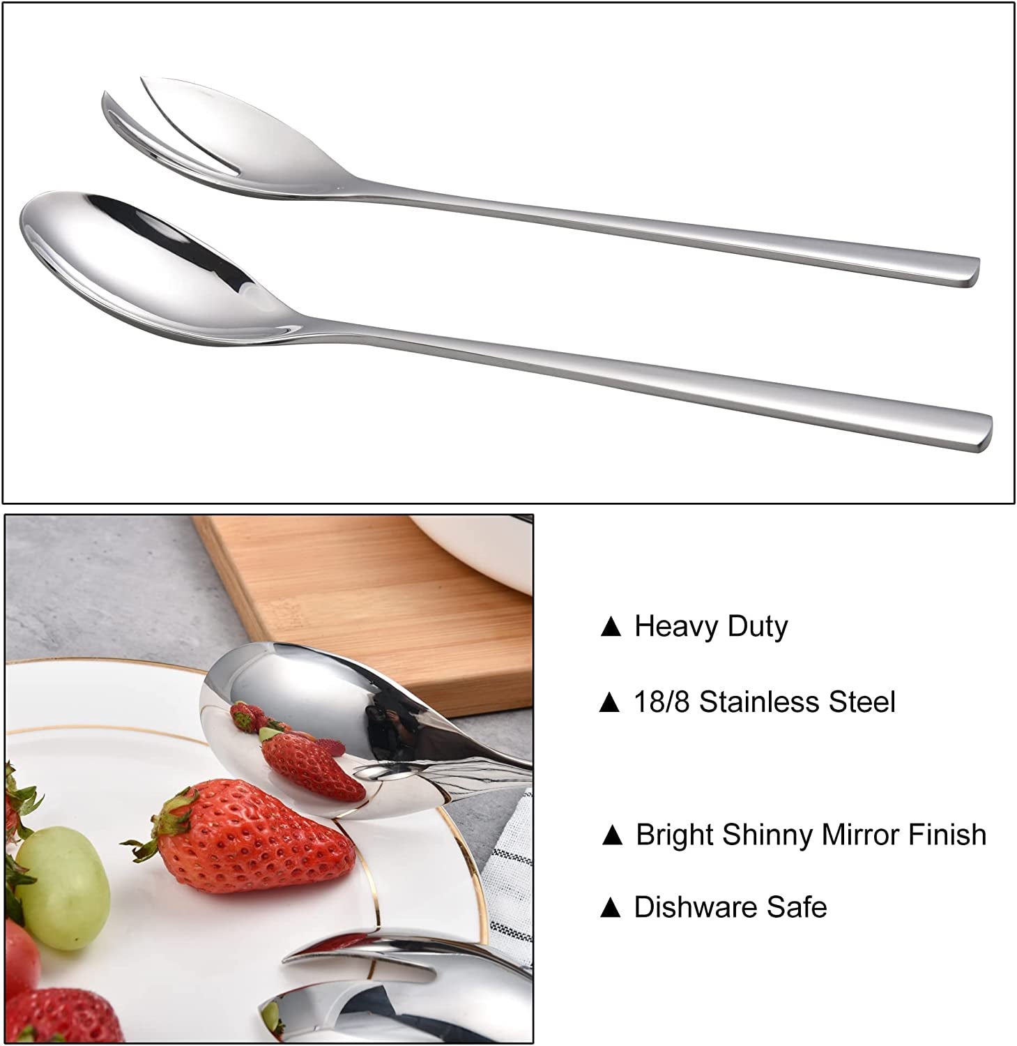 IMEEA Heavy Duty Stainless Steel Salad Servers with dishwasher safe design and polished mirror finish