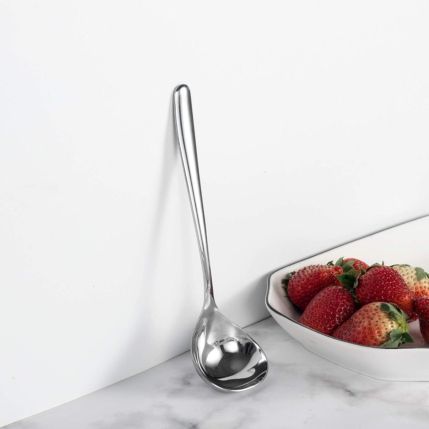 IMEEA Stainless Steel Sauce Ladle displayed upright with a sleek polished finish and elegant appearance
