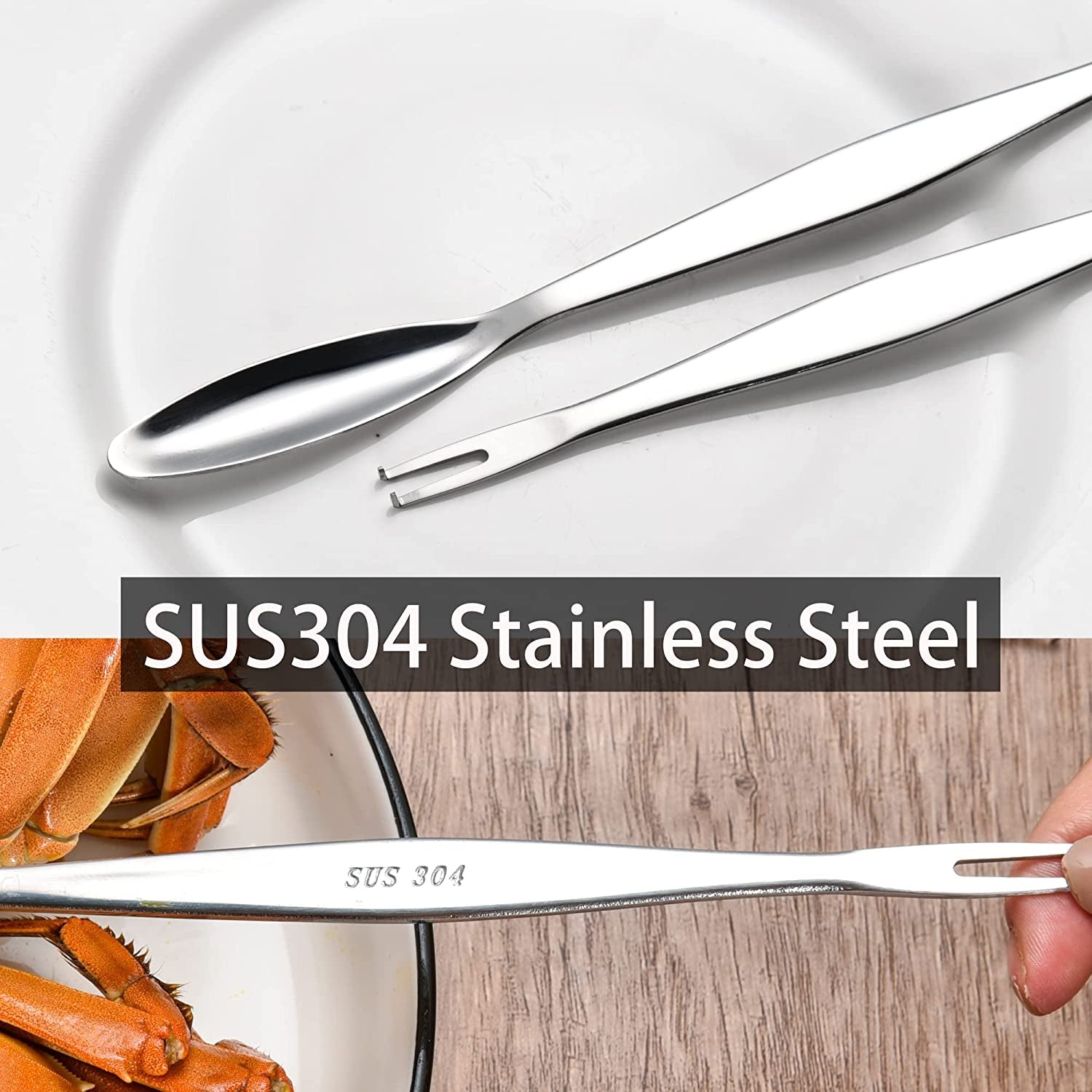 IMEEA Seafood Forks Picks SUS304 Stainless Steel close-up showing engraved SUS304 marking