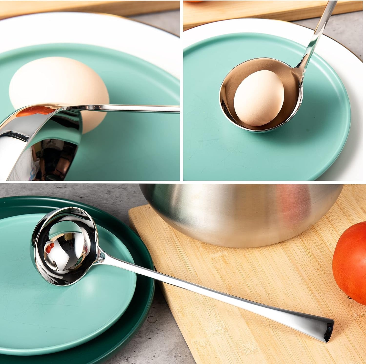Stainless Steel Soup Ladle bowl size comparison showing the deep bowl capacity next to an egg