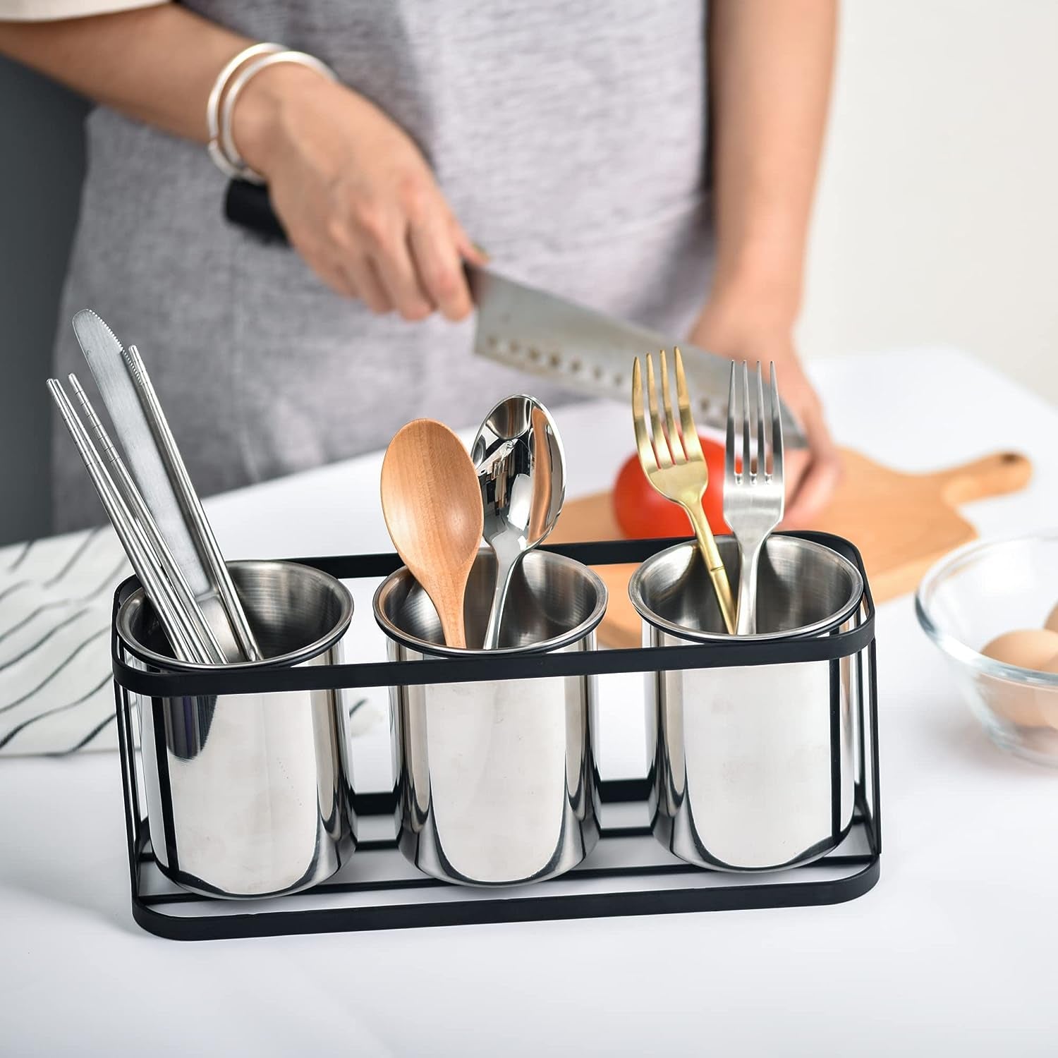 IMEEA Kitchen Silverware Caddy with modern stainless steel design keeping countertop utensils neatly organized