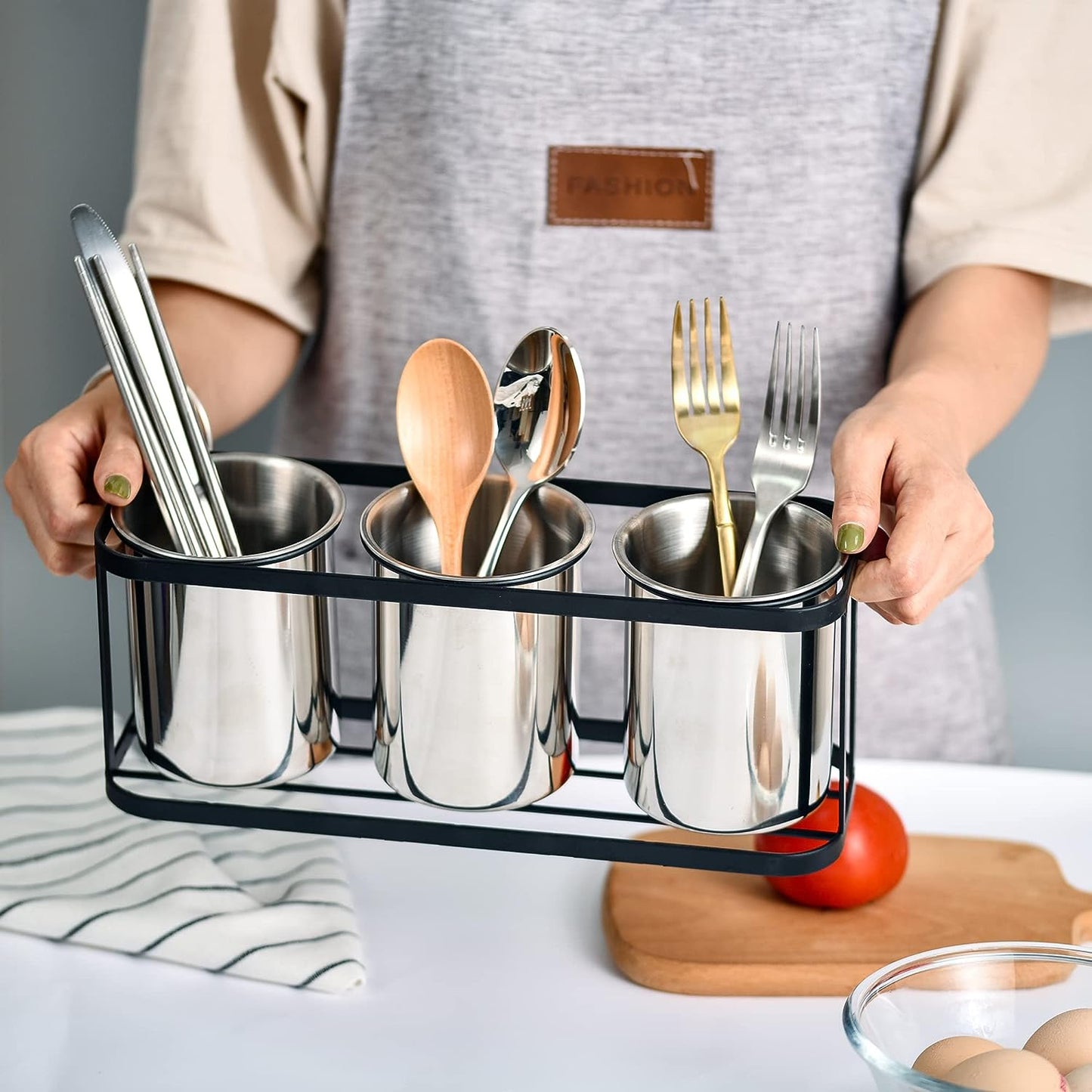 IMEEA Stainless Steel Silverware Caddy held by two hands showing its lightweight and portable design