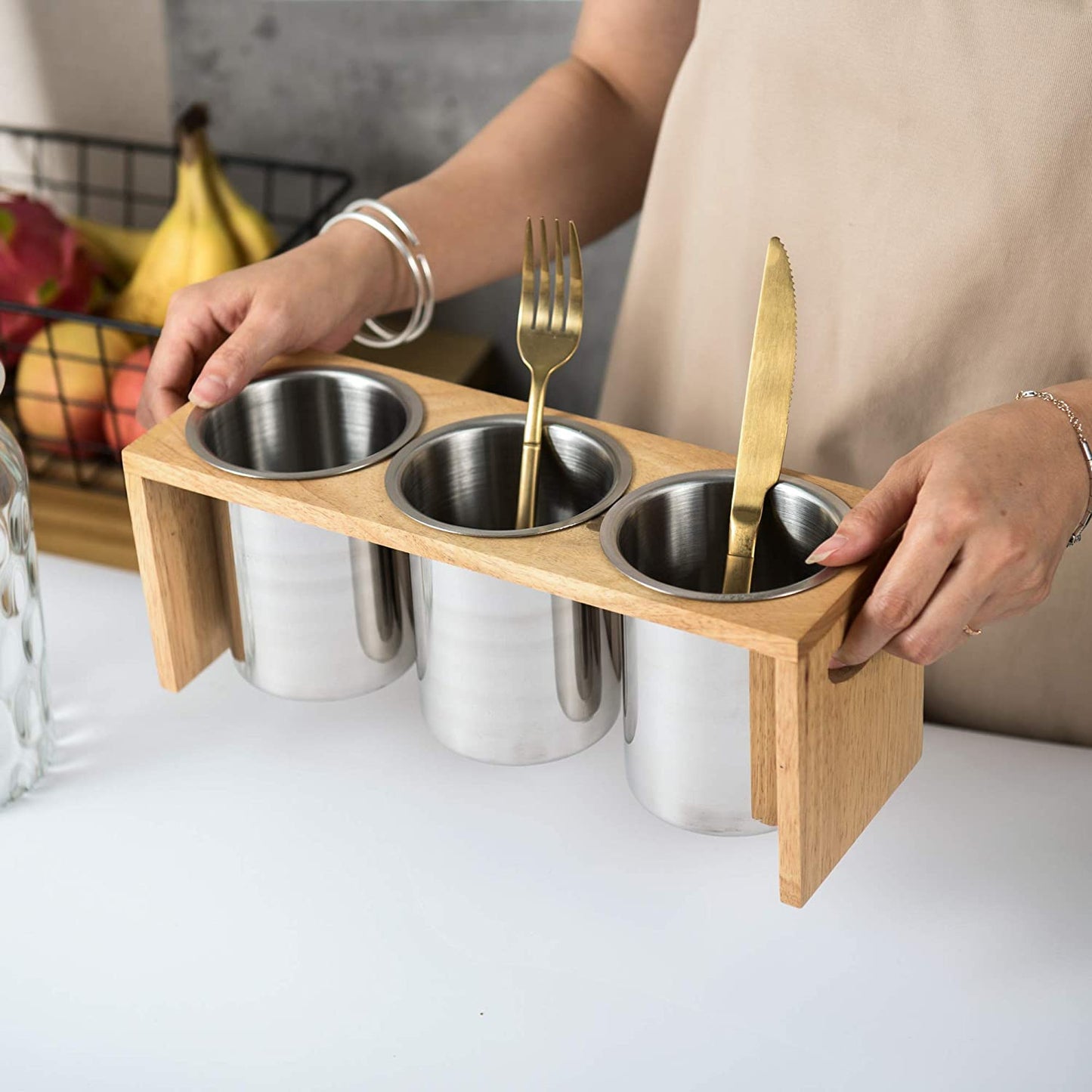 IMEEA Silverware Caddy held in both hands for easy lifting and moving