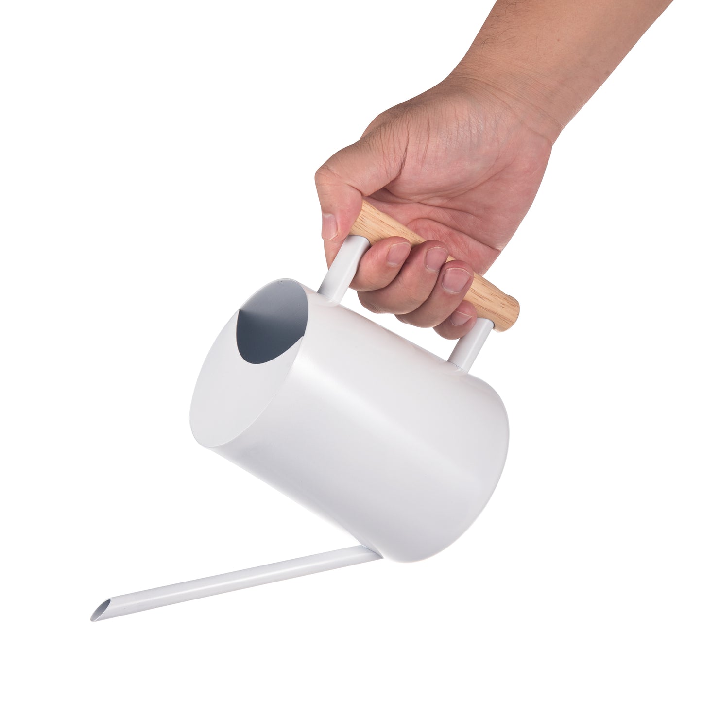 White Stainless Steel Watering Can with Wooden Handle held in hand