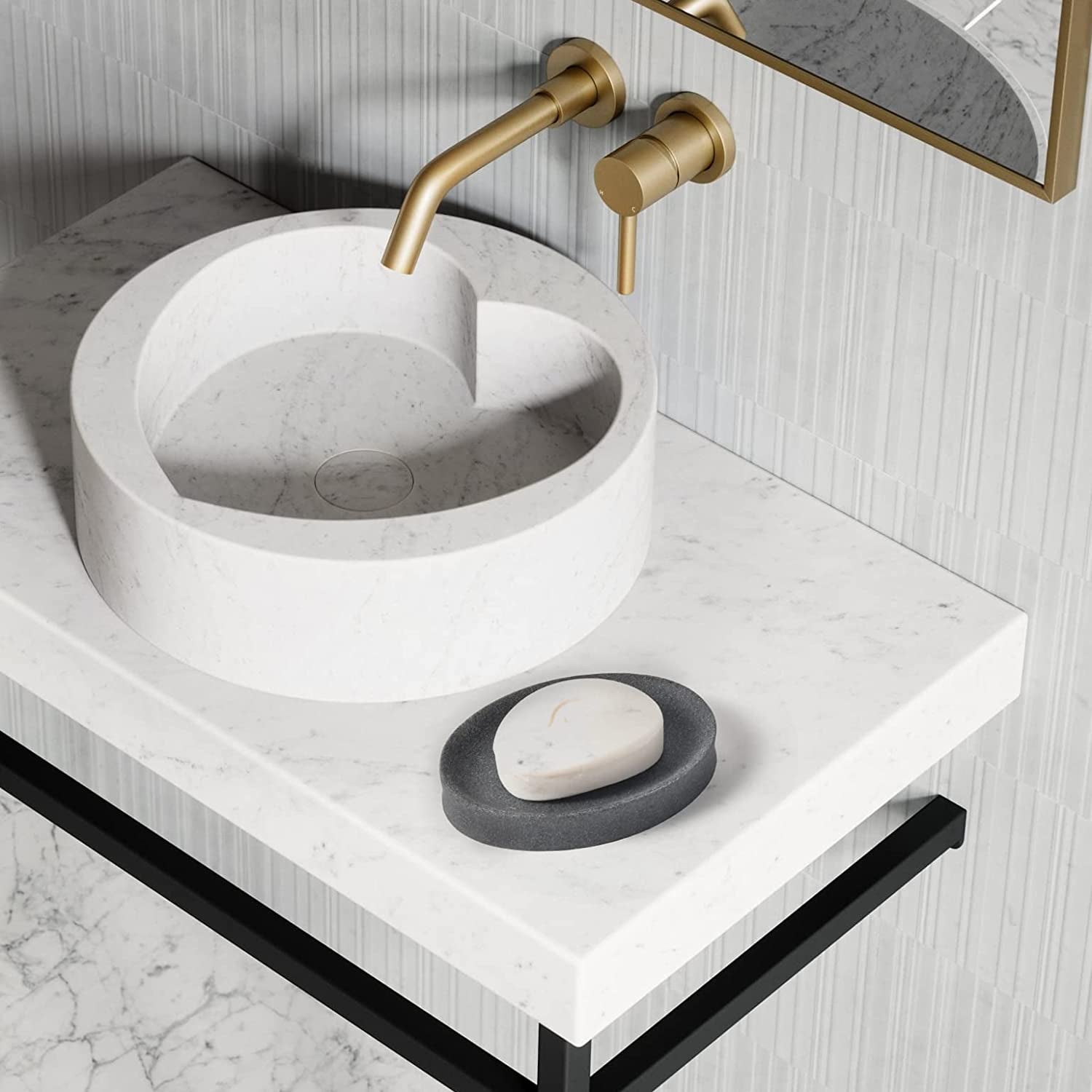 IMEEA Grey Resin Soap Dish beside a bathroom sink with elegant countertop styling