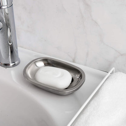 Brushed Stainless Steel Soap Dish with soap placed beside the bathroom sink for everyday use
