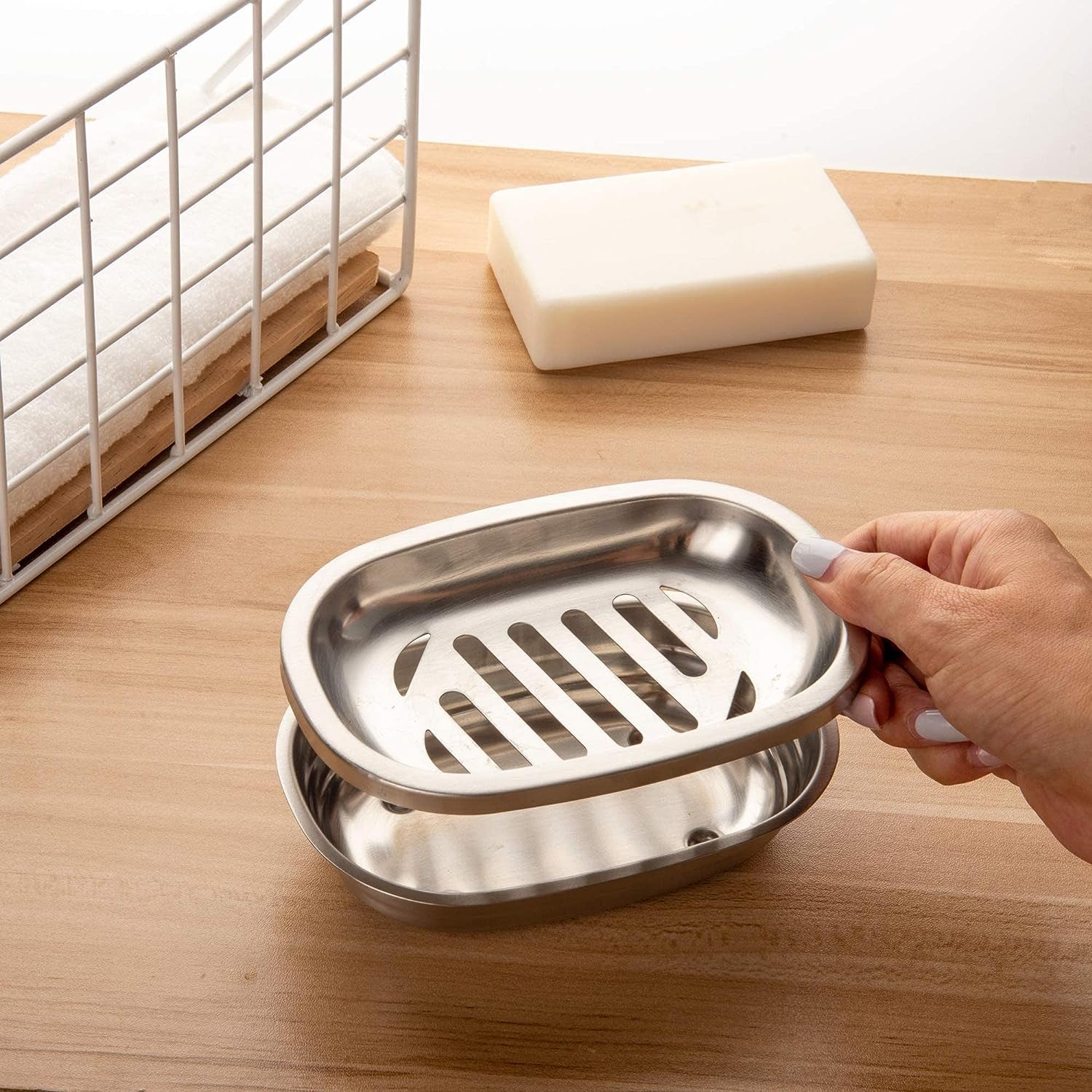 SUS304 Stainless Steel Soap Dish detail showing removable drainage tray connection and double layer design