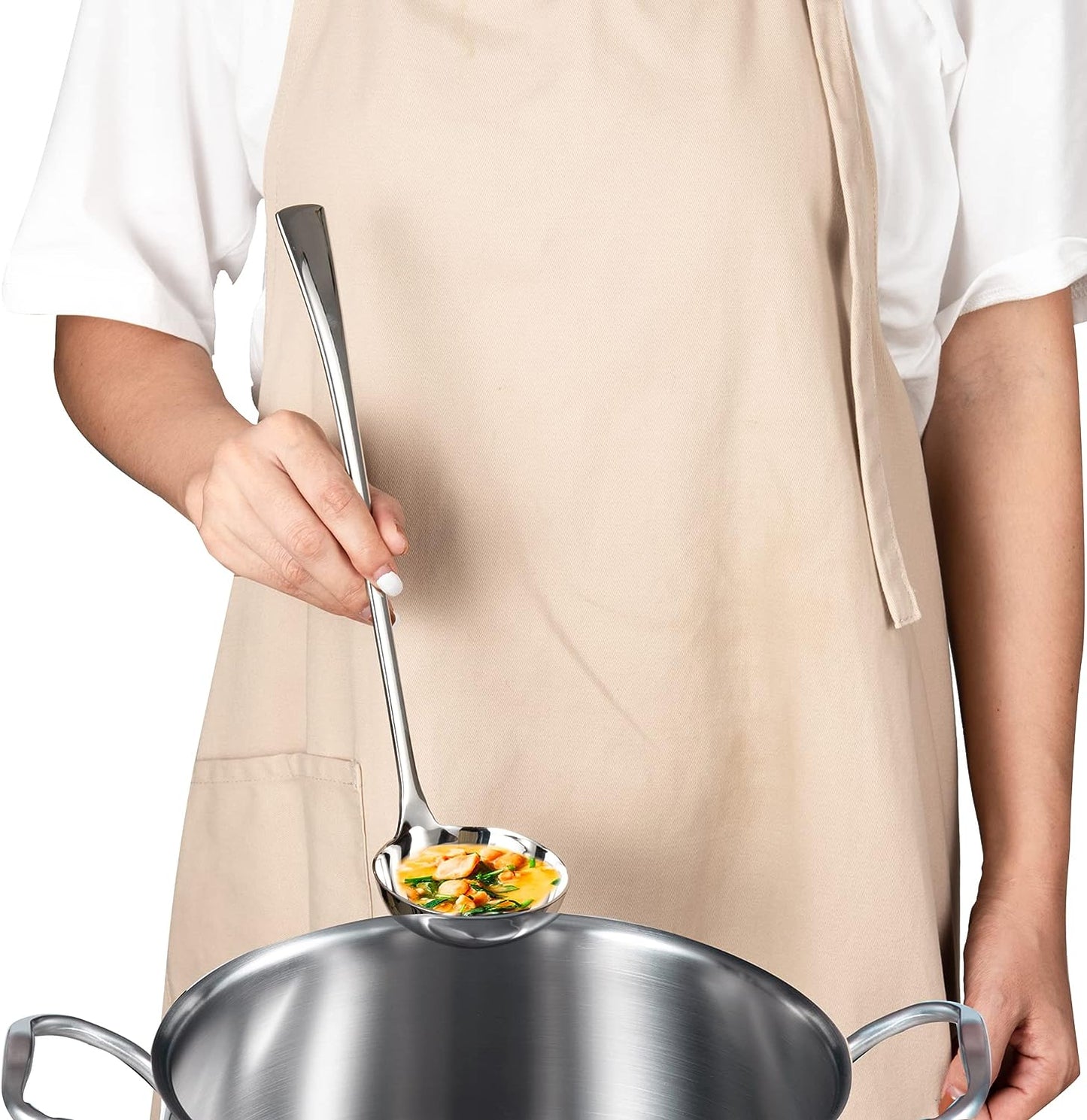 Stainless Steel Soup Ladle with an 11-inch length scooping food from a large pot
