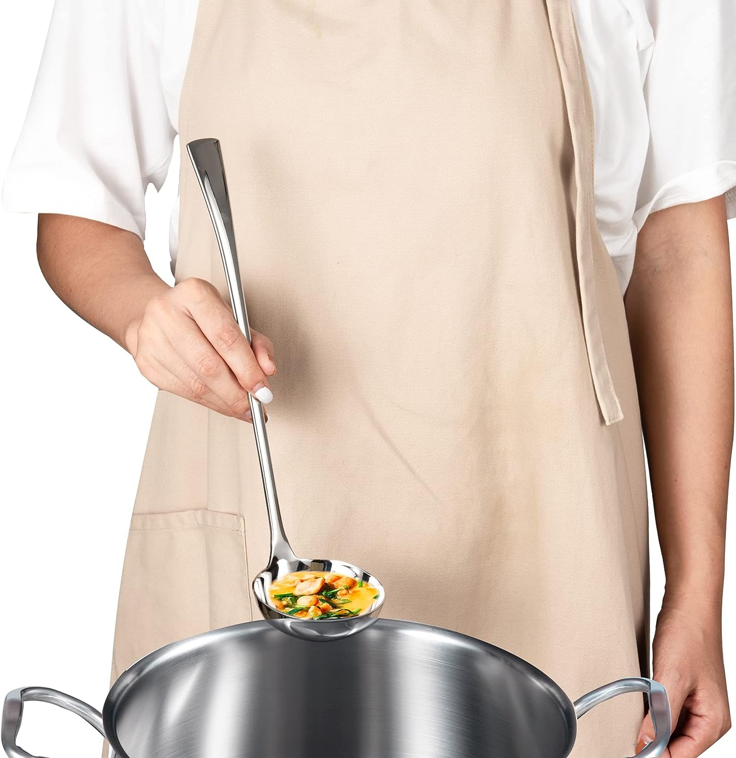 Stainless Steel Soup Ladle with an 11-inch length scooping food from a large pot