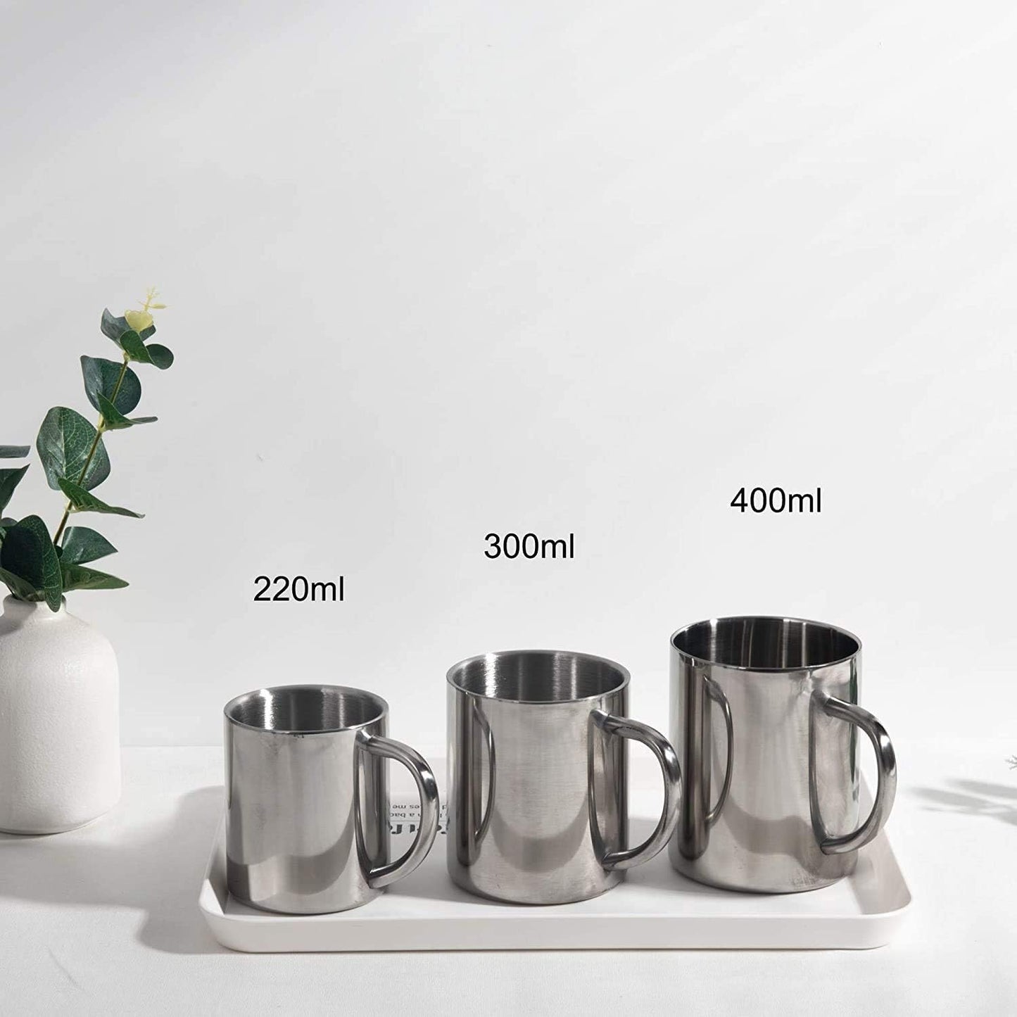 Premium Stainless Steel Double Wall Coffee Mug Set Comparing 7.5oz, 10oz, and 13.5oz Capacities for Different Drink Needs