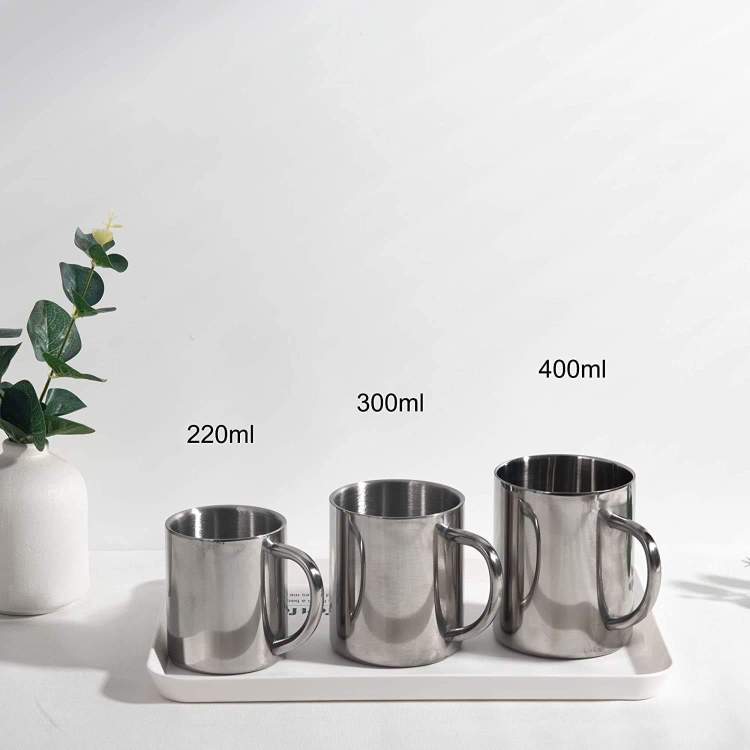 Premium Stainless Steel Double Wall Coffee Mug Set Comparing 7.5oz, 10oz, and 13.5oz Capacities for Different Drink Needs