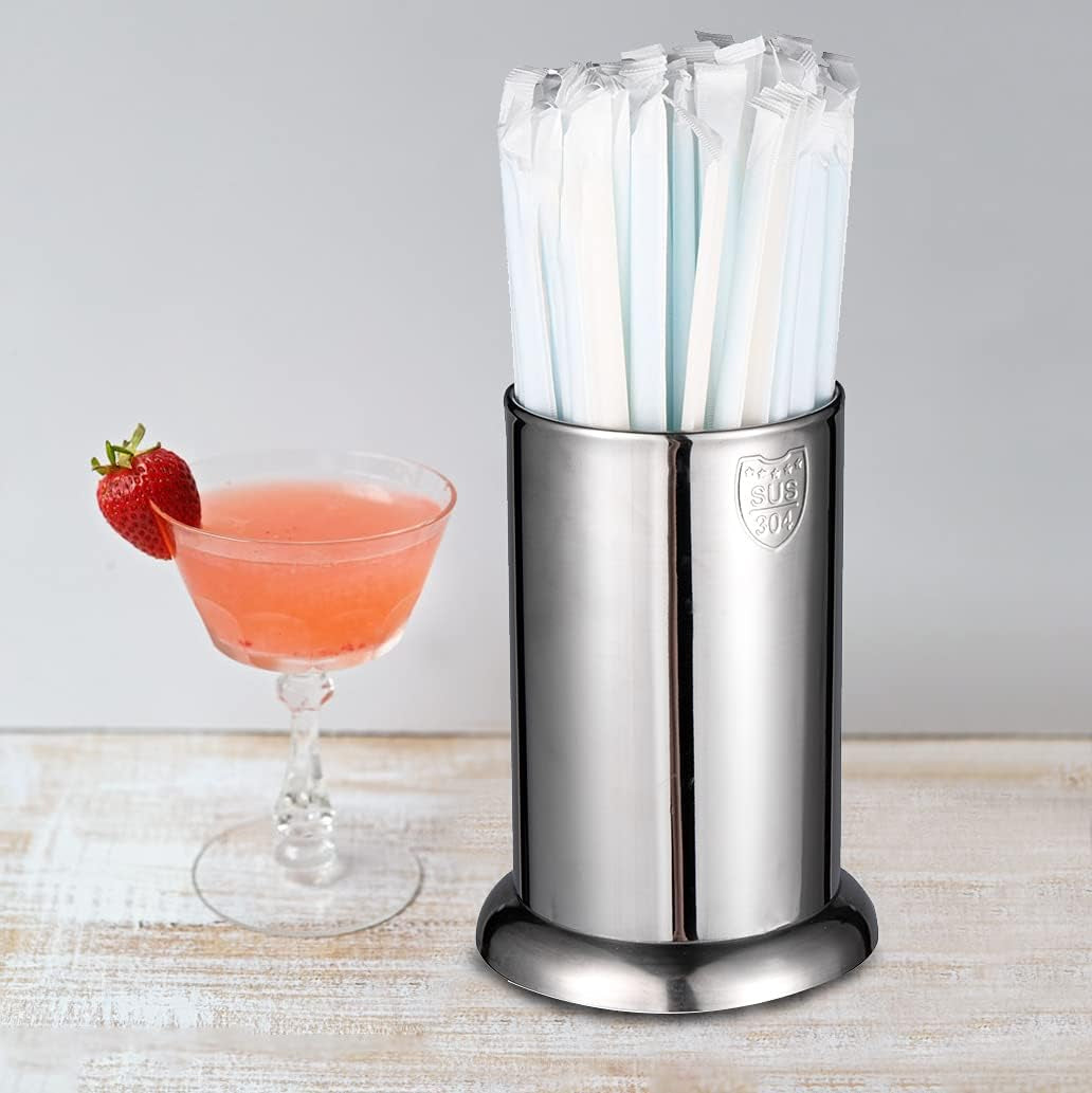 Stainless Steel Straw Holder with multiple straws displayed next to drinks for convenient access