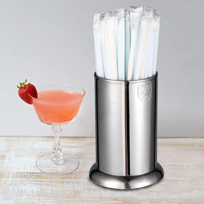Stainless Steel Straw Holder with multiple straws displayed next to drinks for convenient access