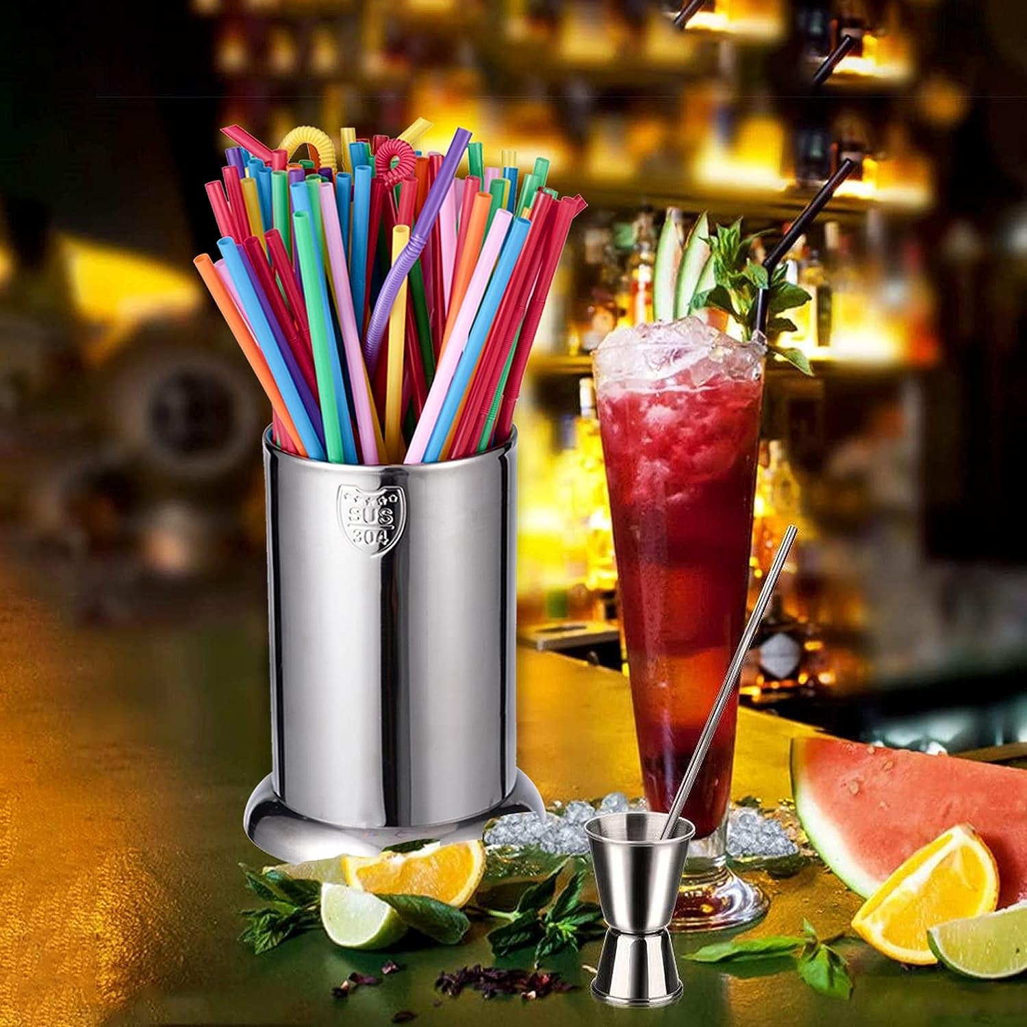 Stainless Steel Straw Holder organizing multiple straws for convenient drink service at the bar
