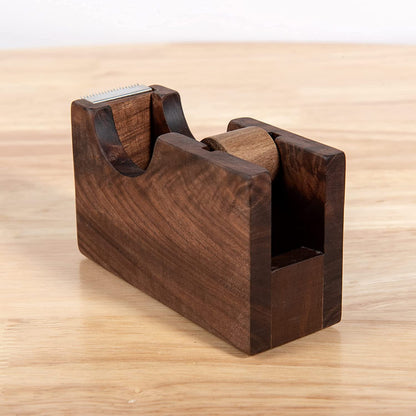 Natural Walnut Wood Tape Dispenser featuring close-up view of its wooden design