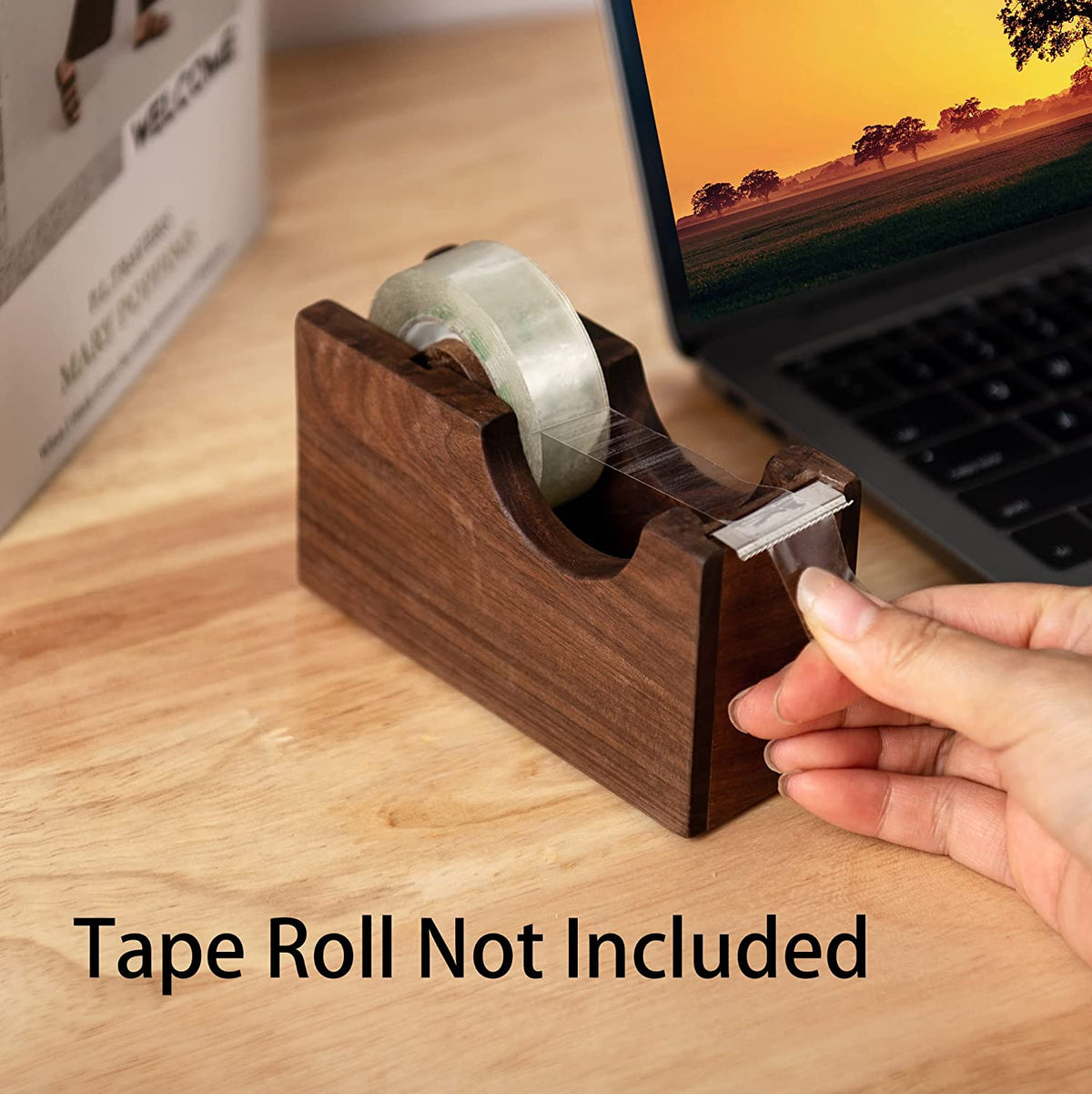 IMEEA Natural Walnut Wood Tape Dispenser on a desktop with tape roll not included