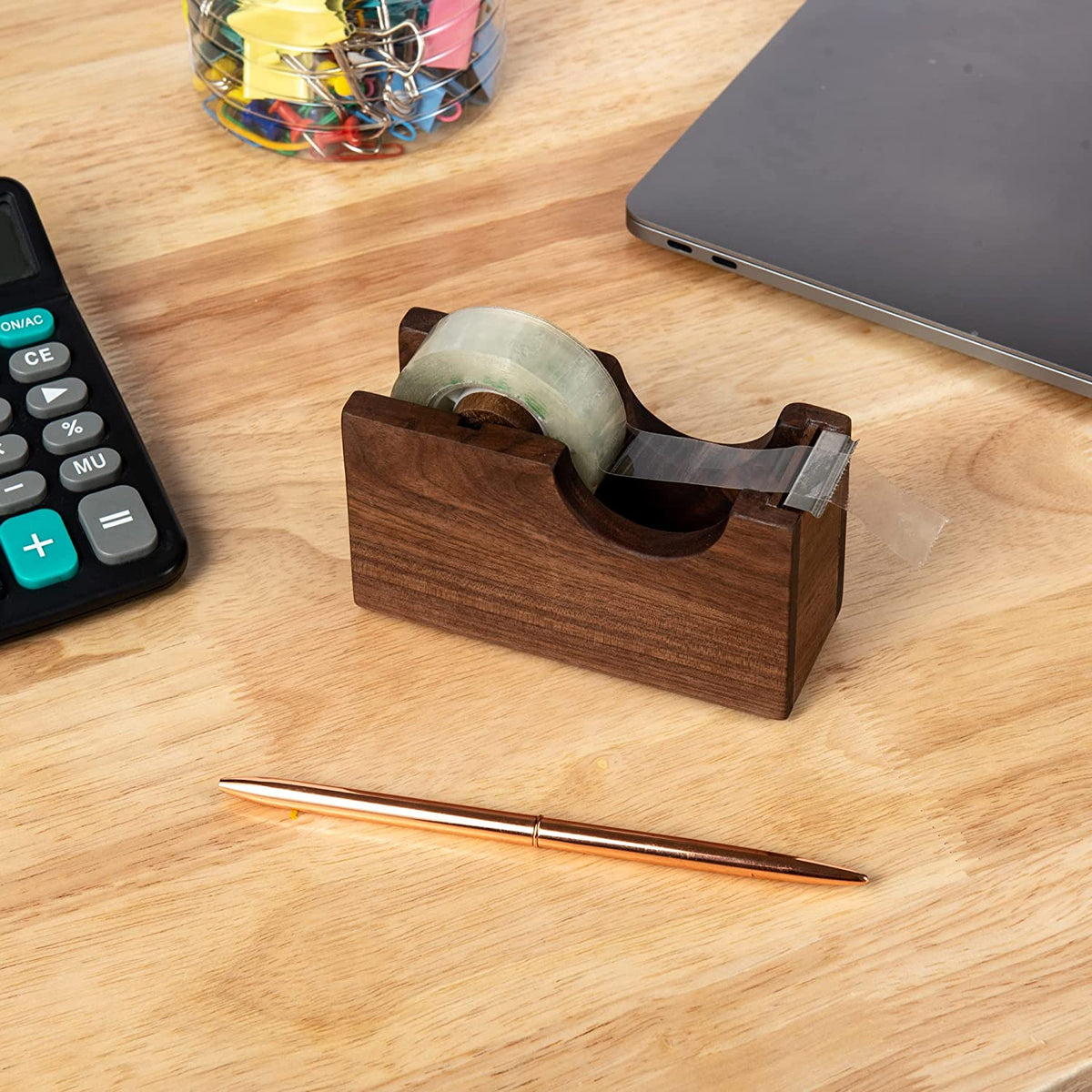 IMEEA Natural Walnut Wood Tape Dispenser with tape roll on an office desk