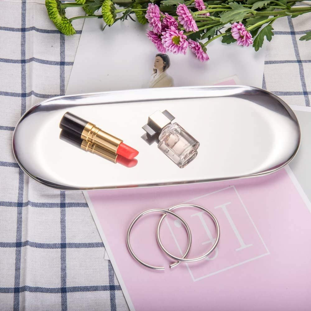 IMEEA Stainless Steel Vanity Tray with lipstick storage placed on a tabletop, showcasing a clean and organized makeup setup