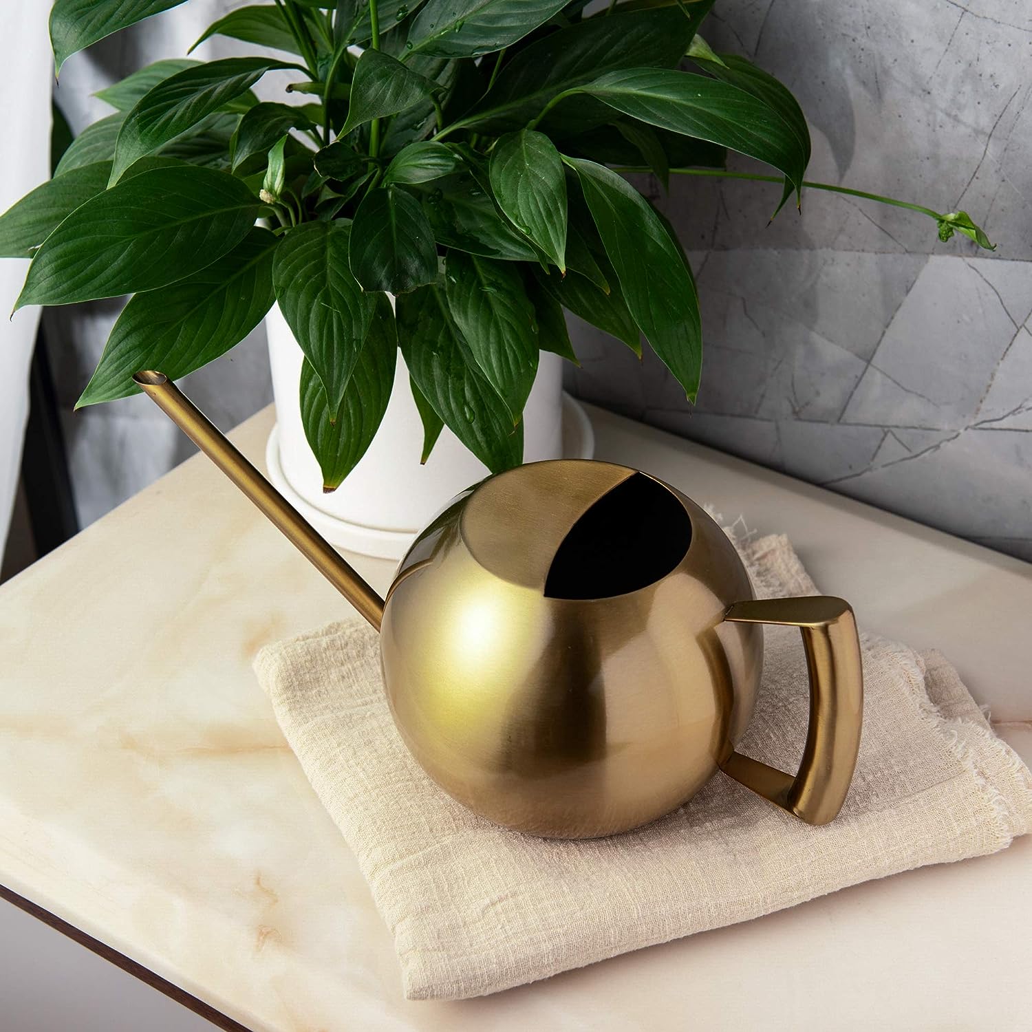 Bronze Stainless Steel Watering Can 45oz placed on an indoor tabletop, showcasing the compact design for house plant care
