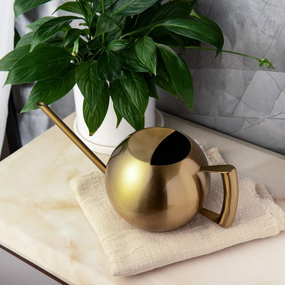 Bronze Stainless Steel Watering Can 45oz placed on an indoor tabletop, showcasing the compact design for house plant care